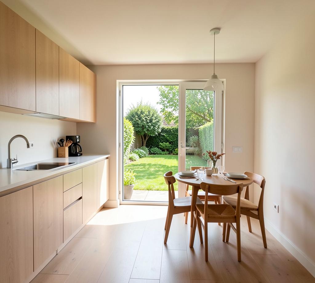 Cuisine ouverte et salle à manger d'une maison meublée avec accès au jardin