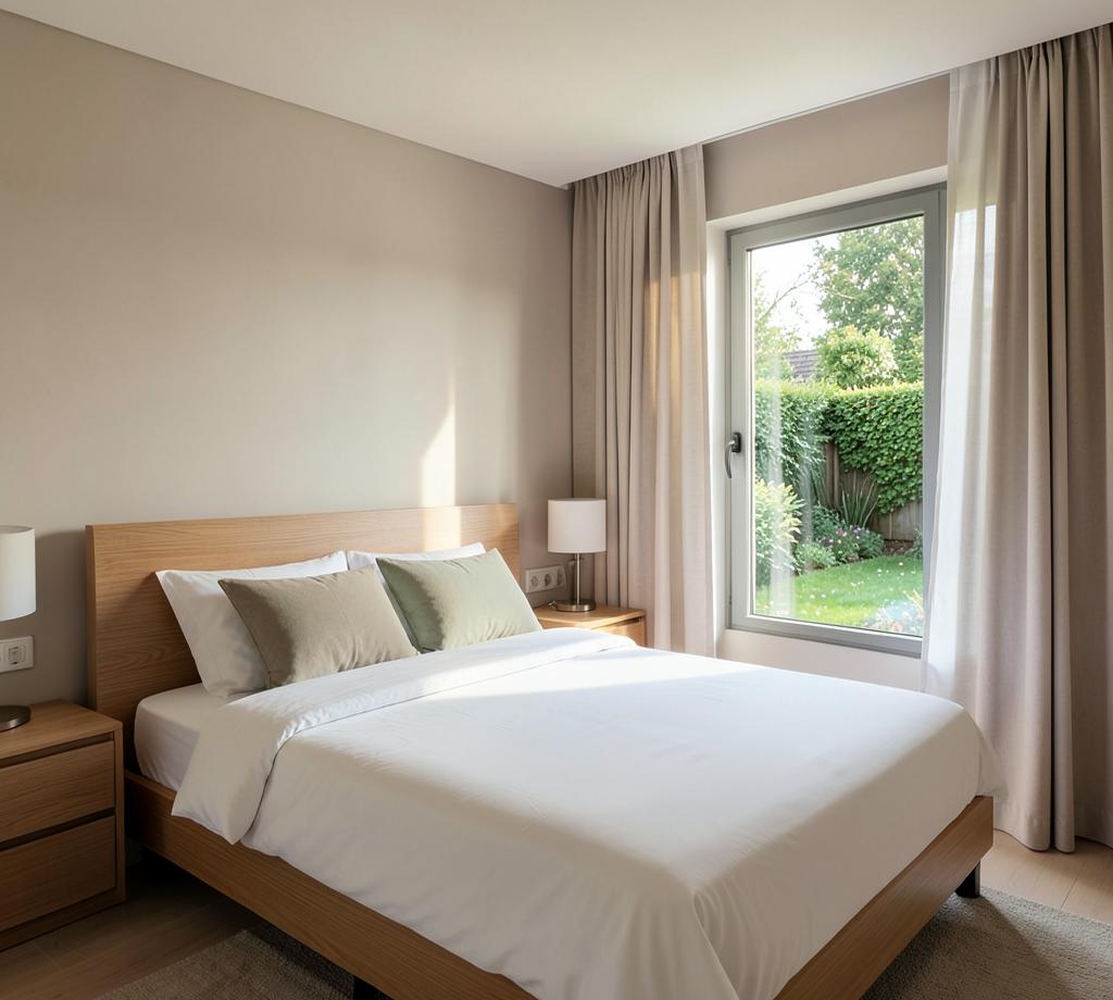 Chambre contemporaine préparée avec linge propre, vue sur le jardin
